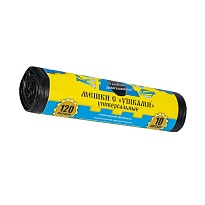 Мешки для мусора 120 л, с ушками, черные, в рулоне 10 шт., ПНД, 13 мкм, 1050х680 мм, Крепакоф, 4607075710436 в Петропавловске