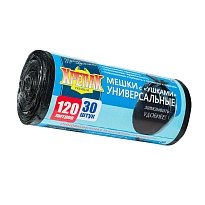 Мешки для мусора 120 л, с ушками, черные, в рулоне 30 шт., ПНД, 15 мкм, 1100х700 мм, Крепак, 4607075710375 в Петропавловске